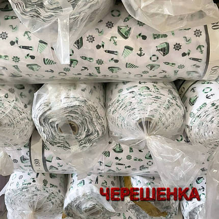 Постільна тканина 180 см білоземельна набивна Фланель (байка) з малюнком зелені кораблики, у рулоні 40 м, фото 2