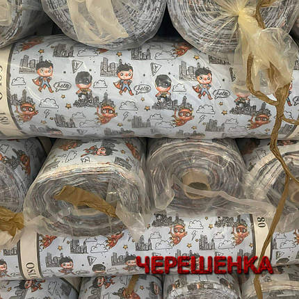 Тканина для постільної білизни Фланель (байка) дитяча FLB1039 (40м) супергерої на блідо-блакитному, фото 1