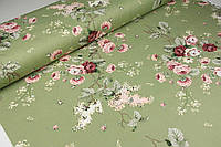 Ткань с тефлоном для обивки мебели для штор покрывал чехлов скатертей Розы и сирень розовые на зеленом