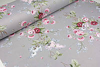 Ткань с тефлоном для обивки мебели для штор покрывал чехлов скатертей Розы и сирень розовые на сером
