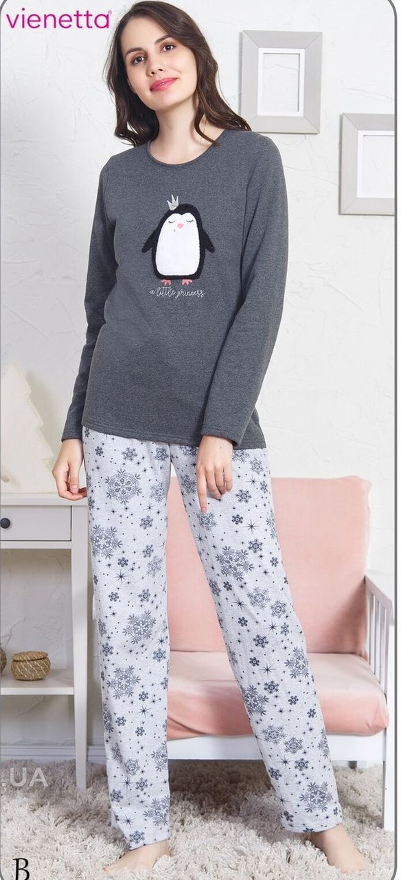 Піжама комплект жіноча байкова зі брюками Vienetta 803052 size S (сіра)