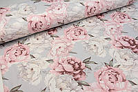 Тканина з тефлоном для оббивки меблів, для штор, скатертин, покривал, Туреччина, півонії рожеві на світло-сірому