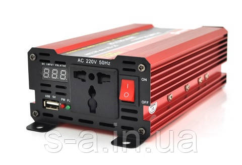 Інвертор напруги NV-1000 (600 Вт) + LCD, 12/220 V, approximated, 1 універсальна розетка, клеми + крокодили, Bo