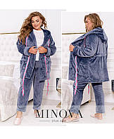 Теплый женский пижамный махровый комплект кофта и брюки в больших размерах