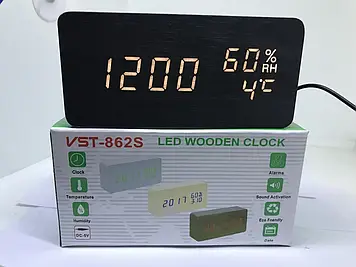 Настільні годинники VST-862-6 з будильником і білою підсвічуванням темп/дати дерев.