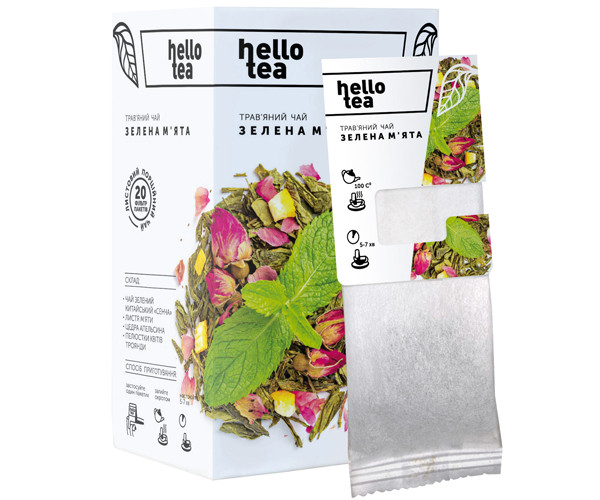 Чай натуральний трав'яний пакетований зелений заварний Hello Tea «Зелена м'ята» 20шт/уп.