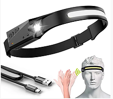 Ліхтар налобний 2в1 із сенсором і датчиком руху BL-G28-XPE+COB акумуляторний ліхтарик з USB