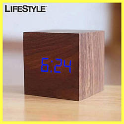 Настільні годинники дерев'яний куб VST-869-1 / Електронний годинник з підсвічуванням Синій