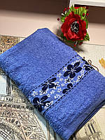Полотенца банные махровые 140*70 см. Синие. Цветы