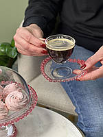 Чашка з блюдцем "Рожеве серце" для кави 100 мл, прозора з рожевим обідком у вигляді серця