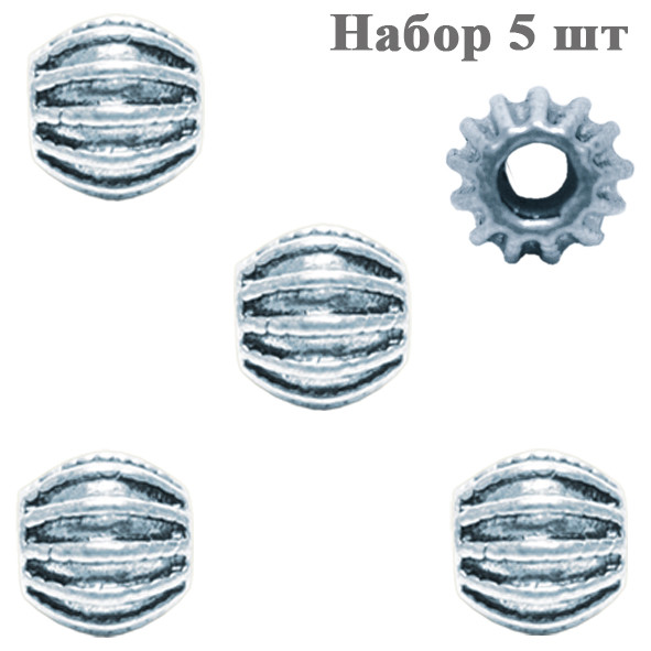 Набір 5 шт Намистини 9 мм Бочонок Ребро, Колір Срібний, Отвір 3,5 мм, Рукоділля, Фурнітура