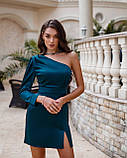Жіноча атласна міні-сукня на одне плече Люкс смарагд (різні кольори) ХС С М Л, фото 9