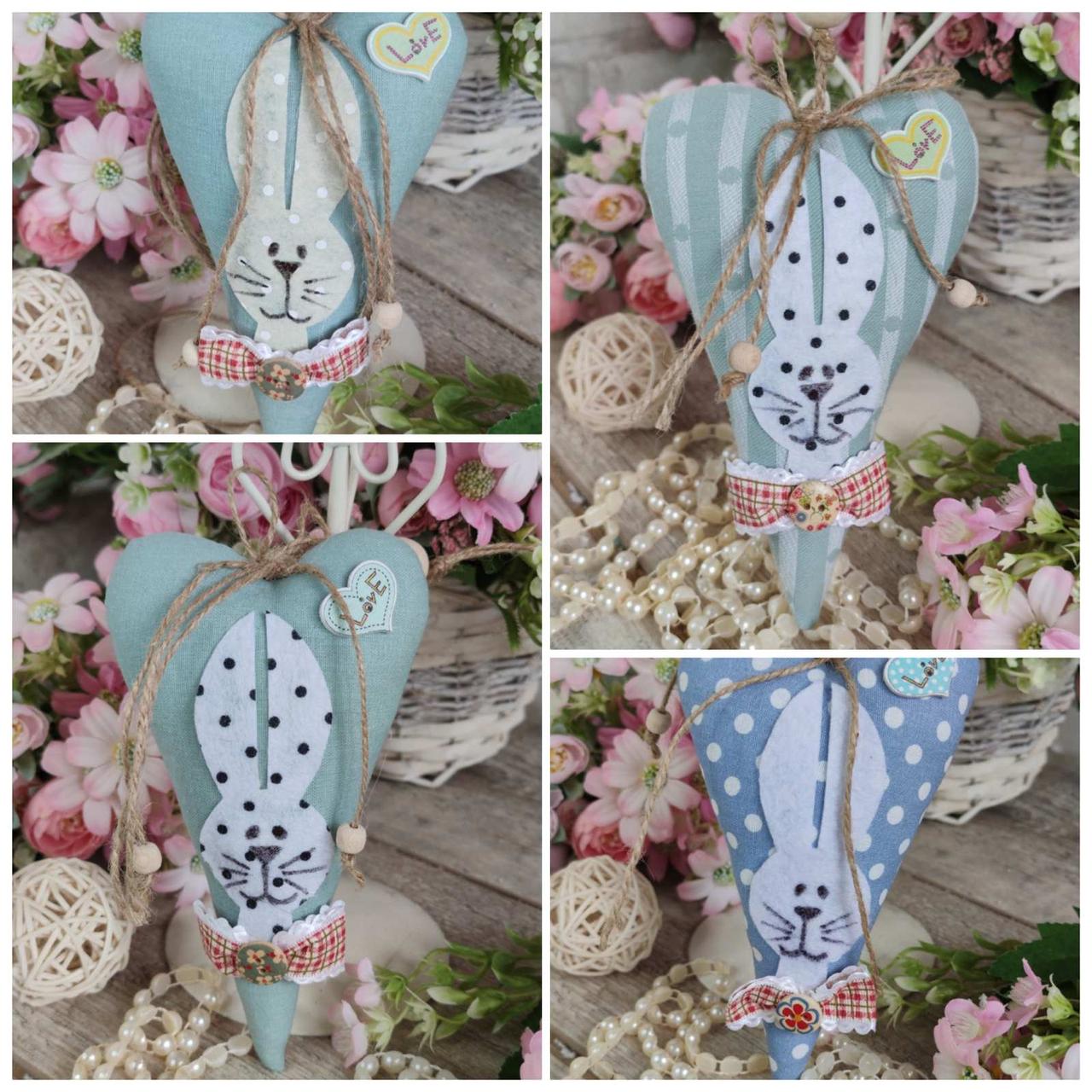 Текстильна іграшка ручної роботи "Сердечко з кроликом" h 17 см, фото 1