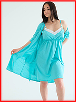 Ночная рубашка женская с халатом комплект для кормящих материал хлопок Мятный размеры S- L, XL БАТАЛ