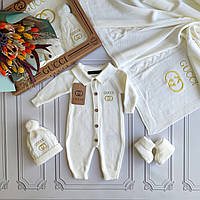 В'язаний набір на виписку для новонароджених, комплект у подарунковій коробці Гуччі