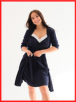 Ночная рубашка женская с халатом комплект для кормящих материал хлопок Темно-синий размеры S- L, XL БАТАЛ