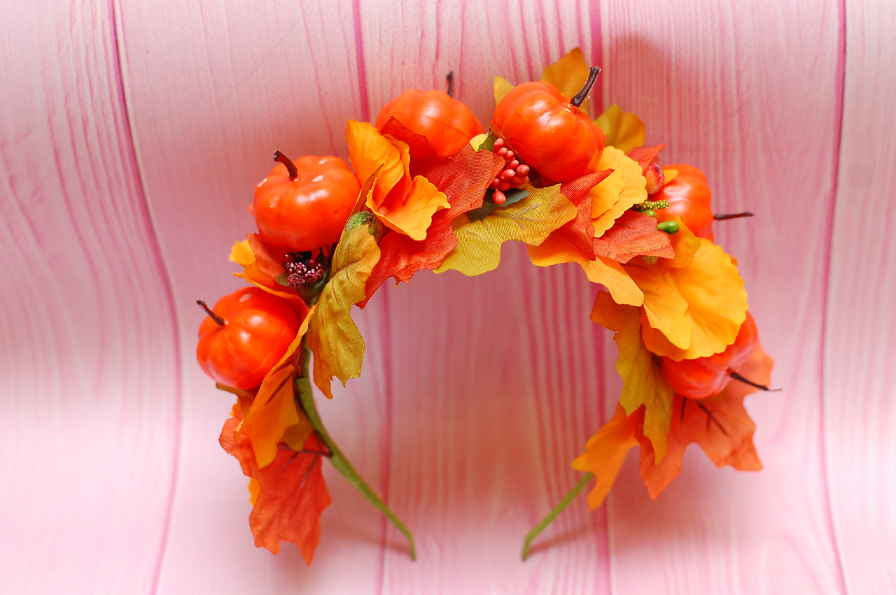 Обруч для волосся / обідок на голову осінній з листям та гарбузами 624, фото 1