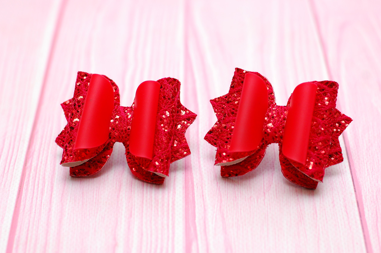 Бантики для дівчинки на резинці червоні з блискітками з екошкіри 629 об, фото 1