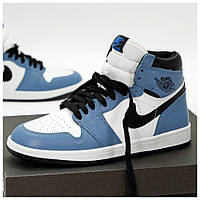 Мужские кроссовки Nike Air Jordan 1 Retro High Blue Black White, синие кожаные найк аир джордан 1 ретро