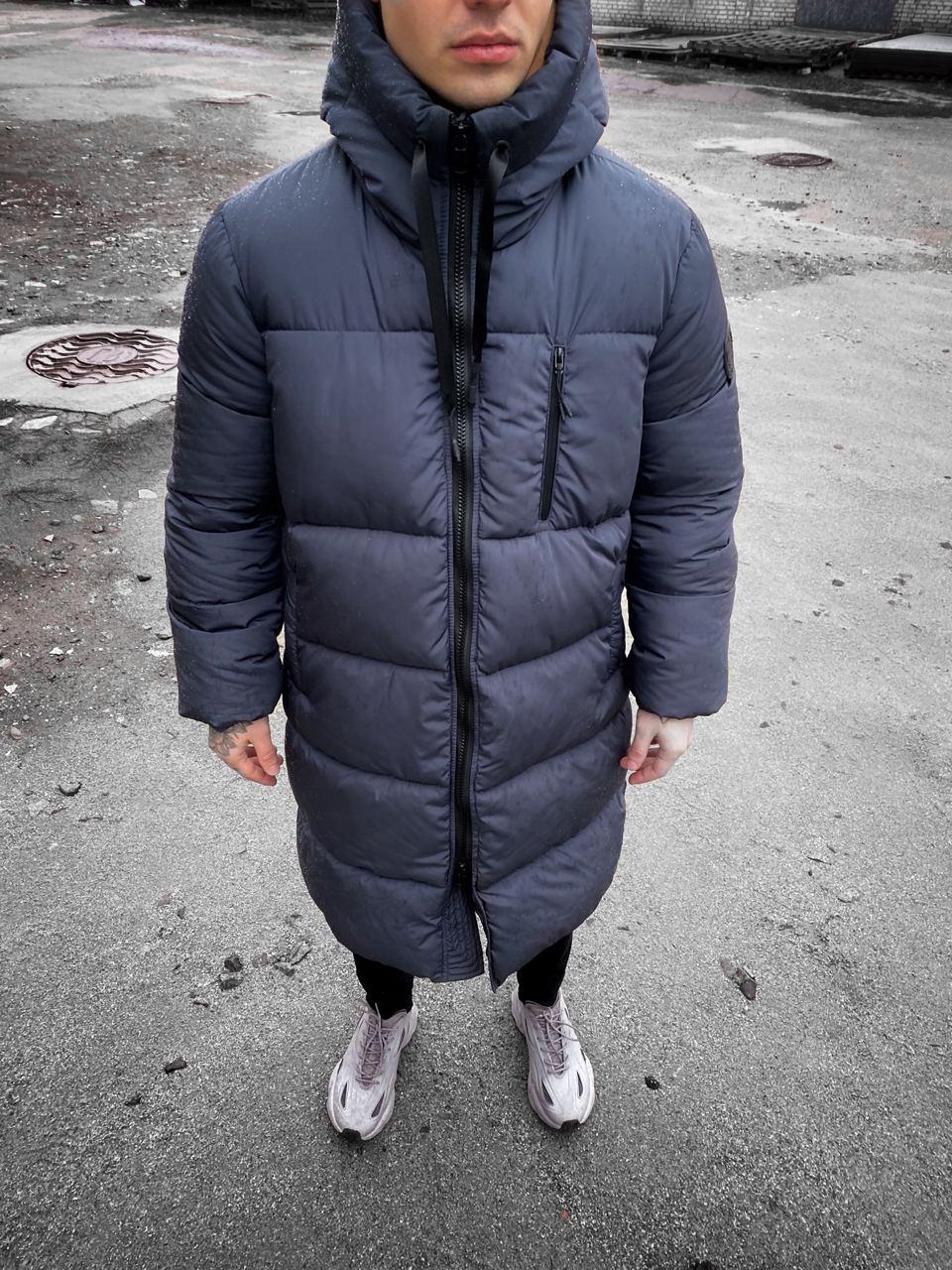 Пуховик куртка чоловіча синя з капюшоном довга довгий пуховик Long Down Jacket
