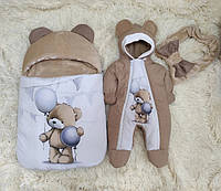 Теплый спальник и комбинезон для новорожденных до 3-4 мес Мишка Тедди