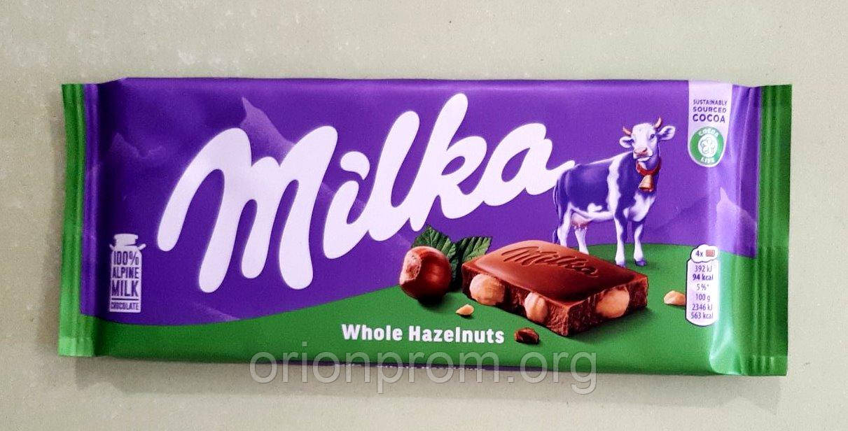Шоколад Milka з цільним фундуком молочний 100 г (термін 09.08.2025), фото 1