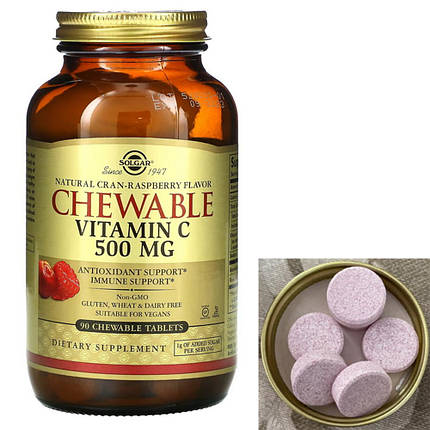 Жувальний вітамін С Solgar Chewable Vitamin C 500 mg 90 chew tab журавлина та малина, фото 2