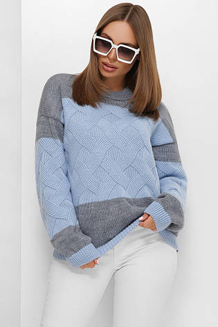 Жіночий теплий в'язаний светр зимовий, великі розміри двоколірний блакитний, фото 1