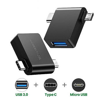 Перехідник адаптера OTG 2в1 Micro USB + USB Type-C на USB 3.0 Ugreen (чорний)
