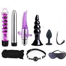 Подарунковий БДСМ набір секс іграшок 9 в 1: вібратор, анальна пробка, бдсм кляп, бондажная мотузка, батіг