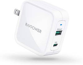 RAVPower 65W 2-Port PD Charger GaN Fast Charging Wall Charger Adapter with Foldable Plug for iPad Pro