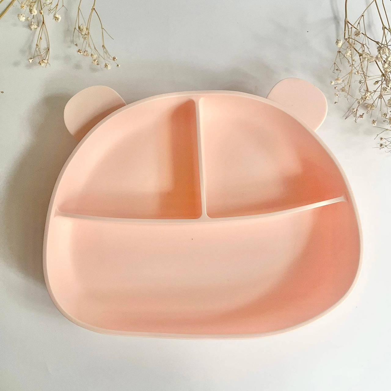 Тарілка Ведмедик секційна на присосці (baby PINK) силіконовий дитячий посуд