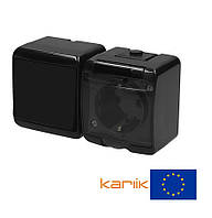 Розетка+выключатель IP54 Karlik JUNIOR 12WGHH-1sd черный с заземлением наружный (микс горизонтальный)
