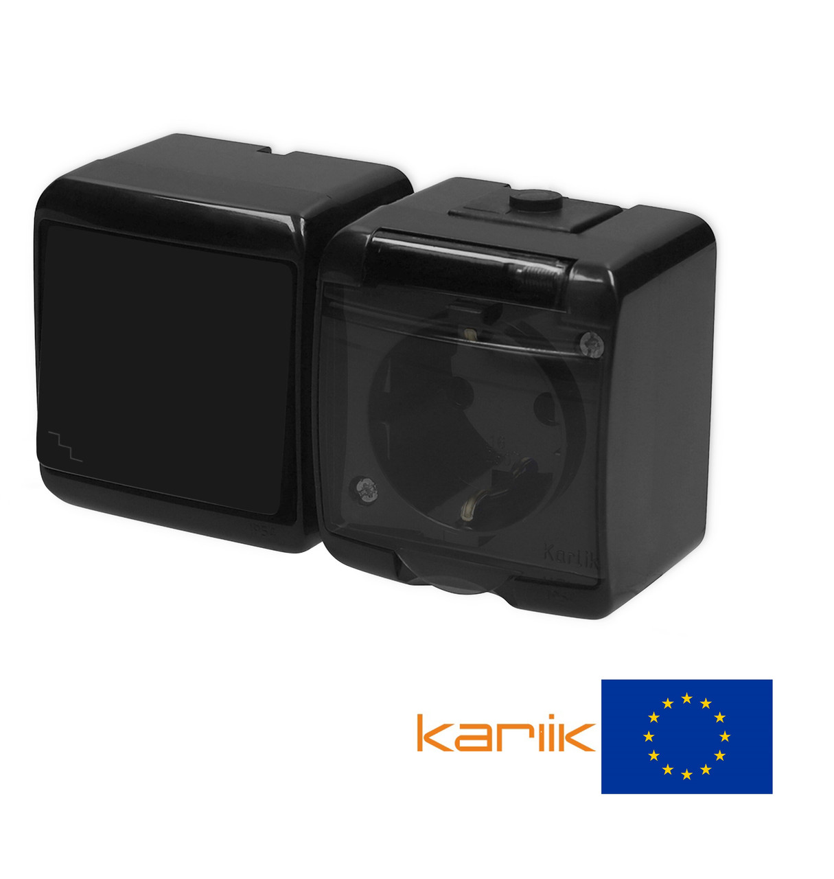 Розетка+вимикач прохідний IP54 Karlik JUNIOR 12WGHH-3sd чорний з заземленням кришкою прозорою зовнішній (мікс горизонтальний), фото 1