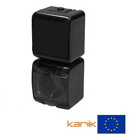 Розетка+вимикач IP54 Karlik JUNIOR 12WGHP-1sd чорний з заземленням кришкою прозорою зовнішній (мікс вертильний)