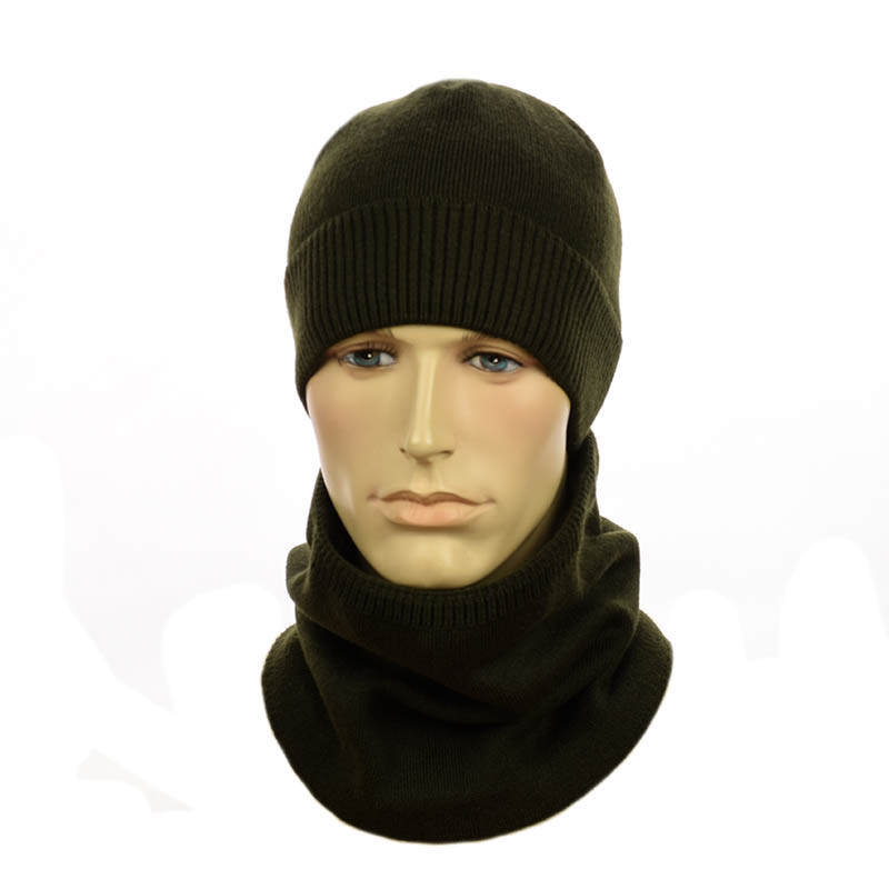 Шапка з відворотом і Снуд на флісі темний хакі, фото 1