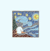 Значок "Звездная ночь, синий, Ван Гог" металлический с эмалью, 37*37 мм