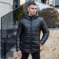 Куртка чоловіча зимова Pobedov Winter фірмова шкіряна тепла дута з капюшоном чорного кольору