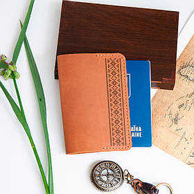 Обкладинка для паспорта з натуральної шкіри з нанесенням орнаменту, Оранжевий, 10х15,5см