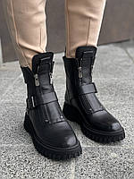 Женские осенние качественные черные ботинки c двумя замками