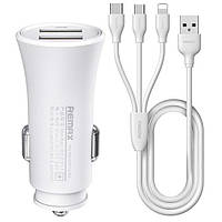 Автомобильное зарядное устройство Remax (2xUSB, 2.4A) White (6954851288206) + кабель Lightning/microUSB/Type-C