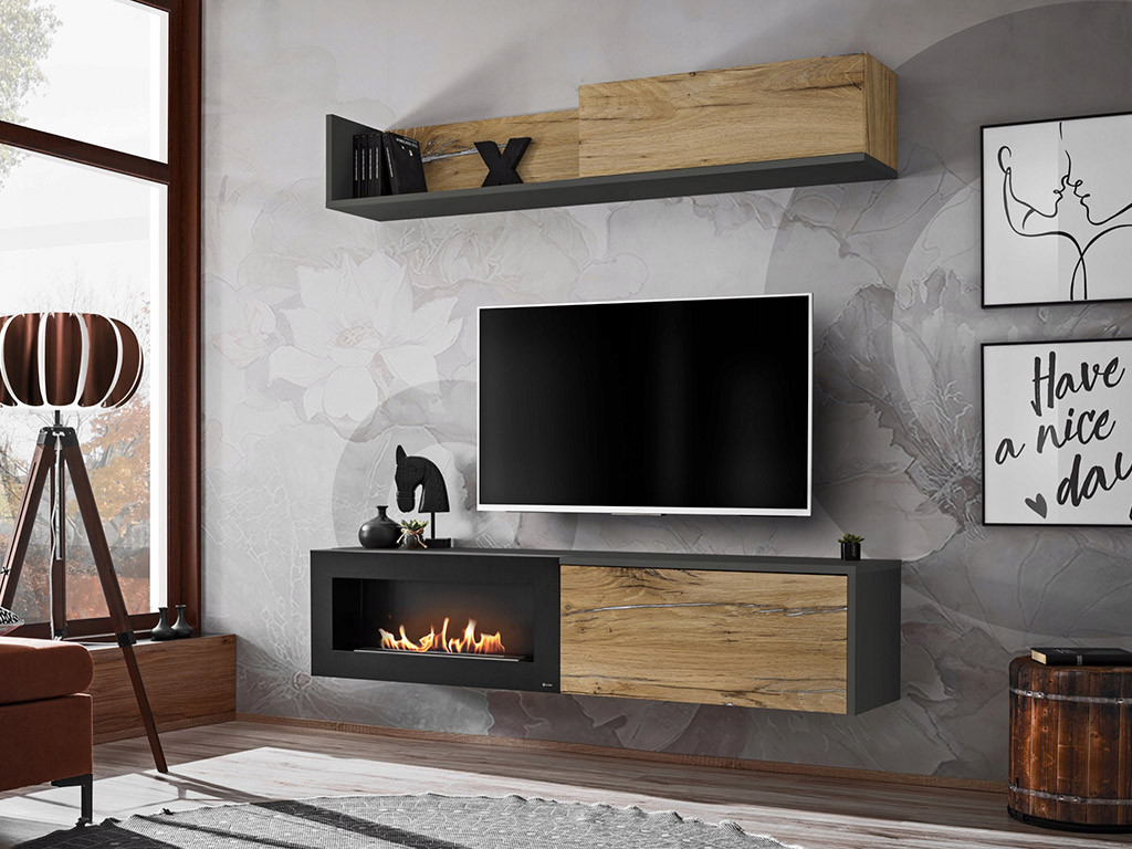 Стінка Dallas B з біокаміном біокамін (входить в комплектацію), модерн, антрацит/ дуб Флагстаф, дуб Флагстафф, дуб Флагстафф, фото 1