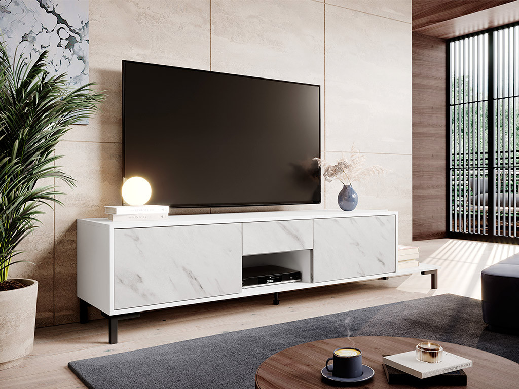 Тумба під ТВ Marmo 2D1S1K 5 см, модерн, білий, чорний, мармуровий ефект чорний, фото 1