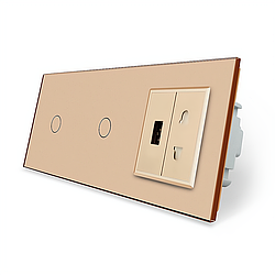 Сенсорний вимикач 2 сенсори (1-1) 1 USB 1 універсальна розетка Livolo золотого скла