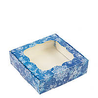 Коробка для пряника з вікном 100х100х30 "Сніг", синя