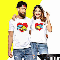 Парные белые футболки с принтом "Пара собак (синяя и желтая) на фоне сердца" Push IT