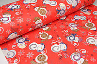 Новорічна тканина, для штор, скатертин, серветок, Туреччина, Сніговик на червоному