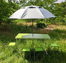 Зручний розкладний салатовий стіл для пікніка та 4 стільця, + компактна міцна парасолька 1,6 м у ПОДАРУНОК!
