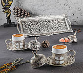 Набір турецьких чашок для кави Sena Срібляста квітка на 2 персони, мідні чашки 50 мл, кава в подарунок