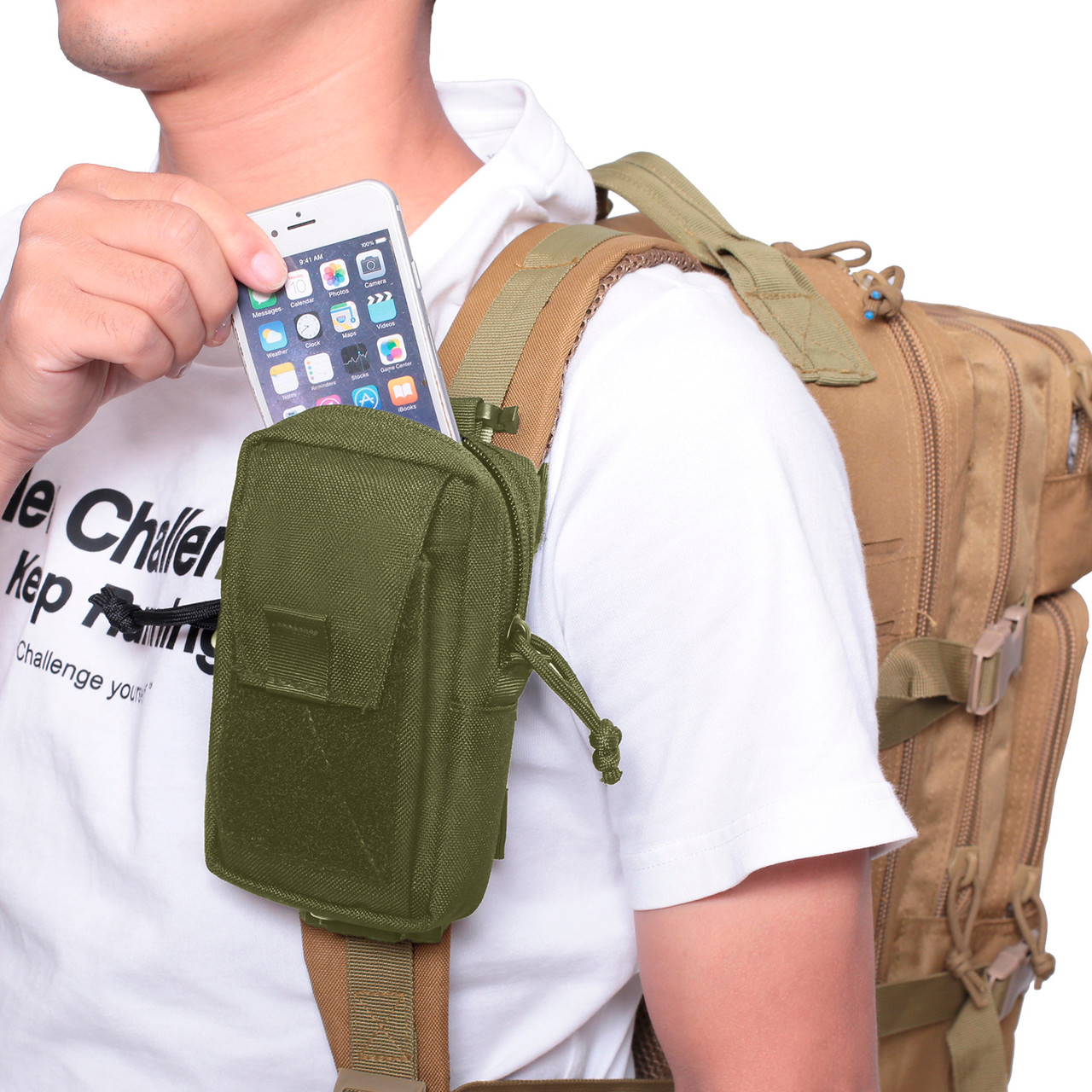 Сумка-підсумок чохол для телефона на лямку рюкзака SHOULDER або на пояс зелена олива із системою MOLLE